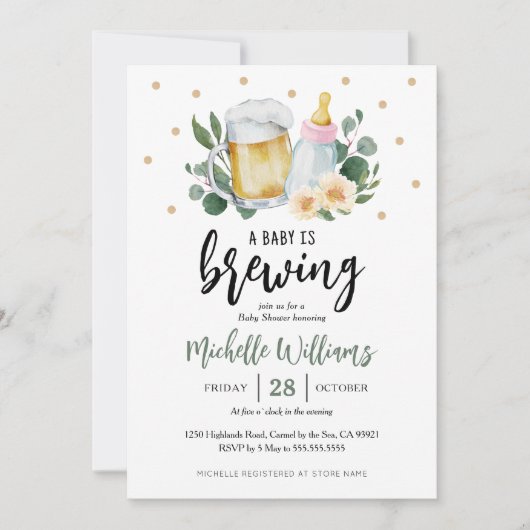 Baby Is Brewing Greenery Baby Shower Invitation Einladung (Vorderseite)