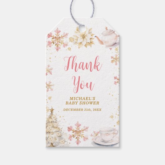 Baby Is Brewing Pink Winter Tea Party Baby Shower Geschenkanhänger (Vorderseite)