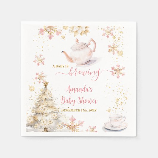 Baby Is Brewing Pink Winter Tea Party Baby Shower Serviette (Vorderseite)