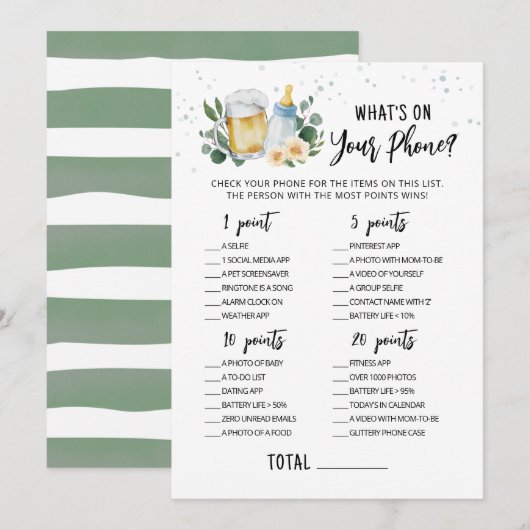 Baby Is Brewing What's On Your Phone Game Card Einladung (Vorne/Hinten)