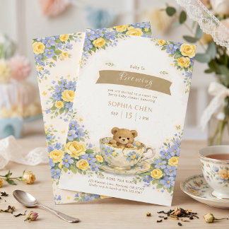 Baby is Brewing Whimsical Blue Yellow Floral Bear Einladung