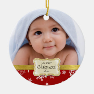 Baby ist 1. Weihnachten. Weiße und rote Schneeflo Keramik Ornament
