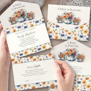 Baby ist am Brauen Teekanne und Teetassen Baby-Par All In One Einladung