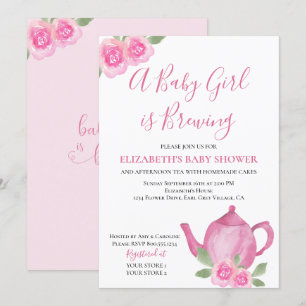 Baby ist Brauen Rosa Teekanne Mädchen Baby Shower Einladung