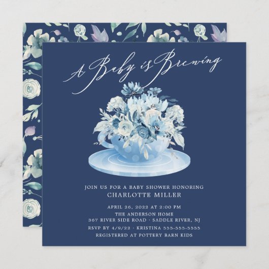Baby ist das Brewing Blue Floral Baby Tee Einladung (Vorne/Hinten)