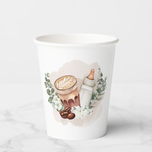 Baby ist das Brewing Greenery Coffee Baby Shower Pappbecher (Rückseite)