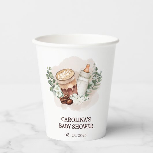 Baby ist das Brewing Greenery Coffee Baby Shower Pappbecher (Vorderseite)