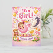 Baby ist unterwegs – Baby Mädchen Design Einladung (Stehend Vorderseite)