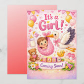 Baby ist unterwegs – Baby Mädchen Design Einladung (Vorne/Hinten)