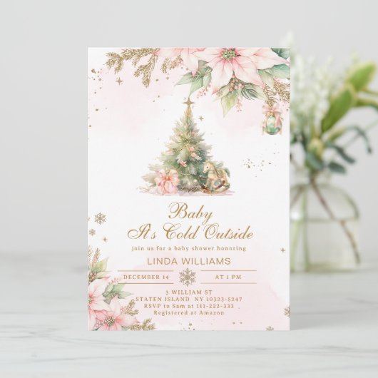 Baby it Cold Außenseite Pink Weihnachtsdusche Einladung (Stehend Vorderseite)