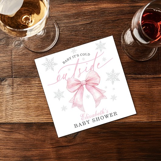 Baby It’s Cold Outside Pink Bow Winter Baby Shower Serviette