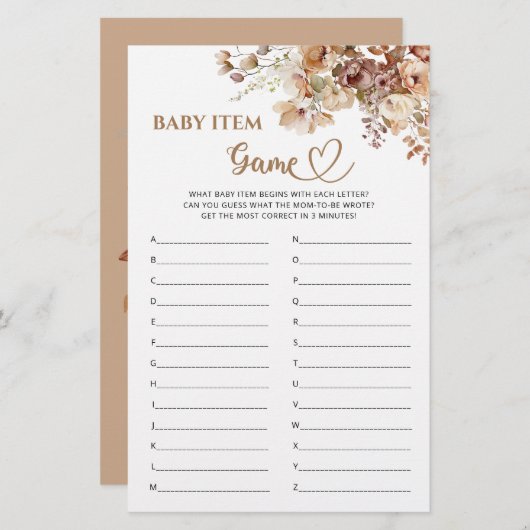 Baby Item Game Baby in Bloom Baby Dusche (Vorne/Hinten)