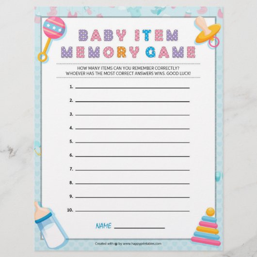 Baby Item Memory Game [Baby Basics Blue] Briefbogen (Vorderseite)