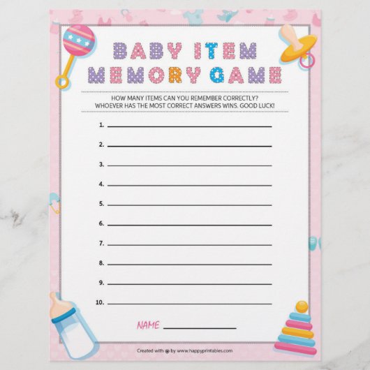 Baby Item Memory Game [Baby Basics Pink] Briefbogen (Vorderseite)