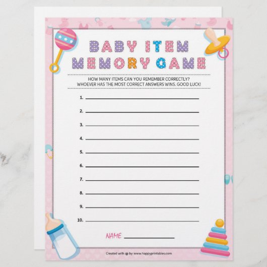Baby Item Memory Game [Baby Basics Pink] Briefbogen (Vorne/Hinten)