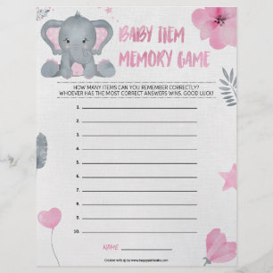 Baby Item Memory Game [Baby Elephant [Pink] Briefbogen