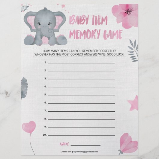 Baby Item Memory Game [Baby Elephant [Pink] Briefbogen (Vorderseite)
