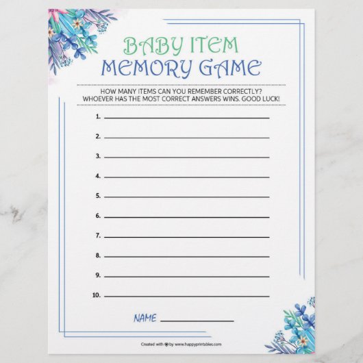 Baby Item Memory Game [Blue Floral] Briefbogen (Vorderseite)