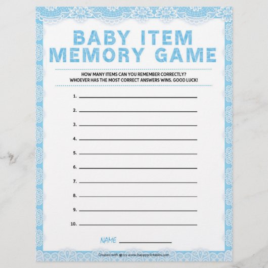 Baby Item Memory Game [Luxury Lace [blau] Briefbogen (Vorderseite)