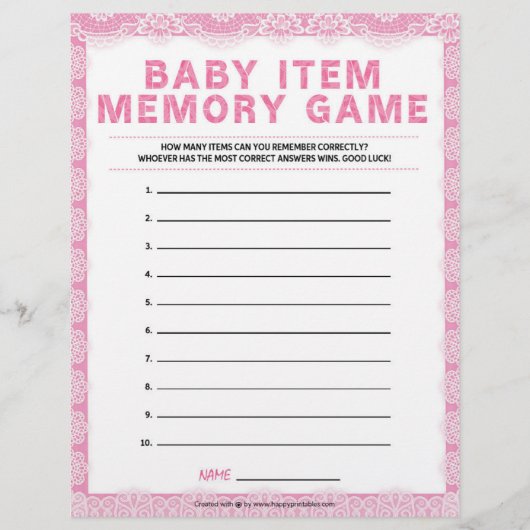 Baby Item Memory Game [Luxury Lace [Pink] Briefbogen (Vorderseite)