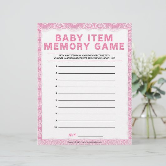 Baby Item Memory Game [Luxury Lace [Pink] Briefbogen (Stehend Vorderseite)