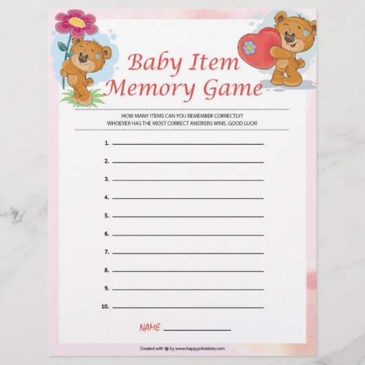 Baby Item Memory Game [Teddy Bears] Briefbogen (Vorderseite)