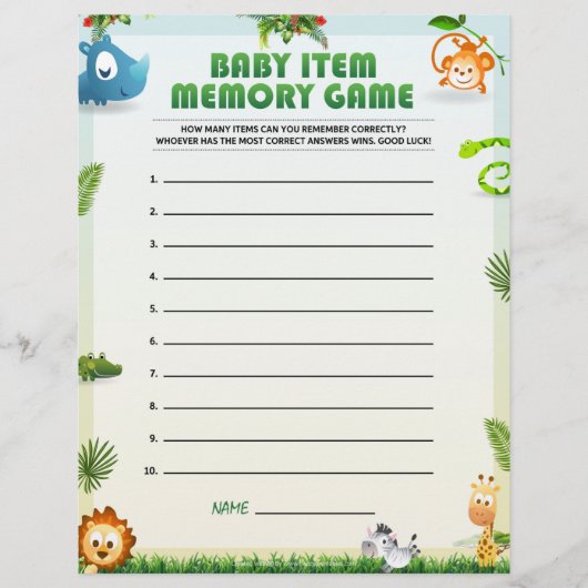 Baby Item Memory Game [Thema Tier] Briefbogen (Vorderseite)