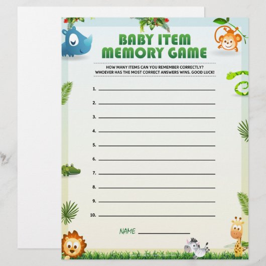 Baby Item Memory Game [Thema Tier] Briefbogen (Vorne/Hinten)