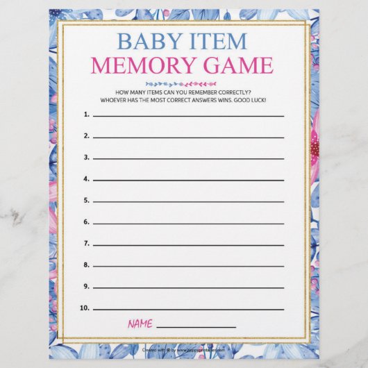 Baby-Item-Memory-Spiel [Floral-Wasserfarben] Briefbogen (Vorderseite)