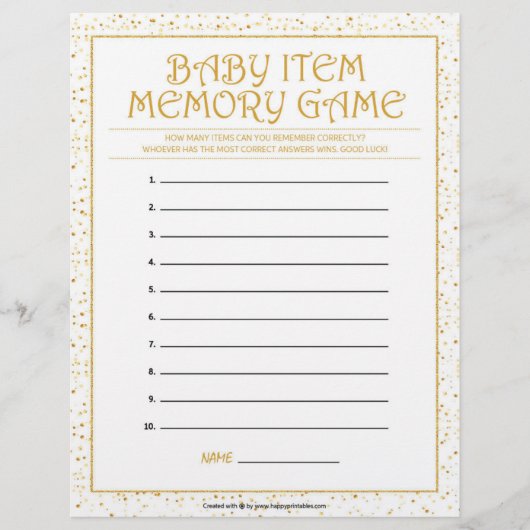 Baby-Item-Memory-Spiel [Goldene Glitzern] Briefbogen (Vorderseite)