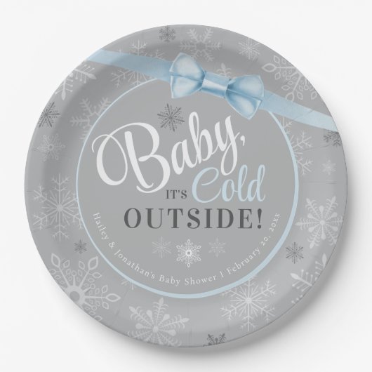 Baby It's Cold Blue & Gray Snowflake Boy Dusche Pappteller (Vorderseite)