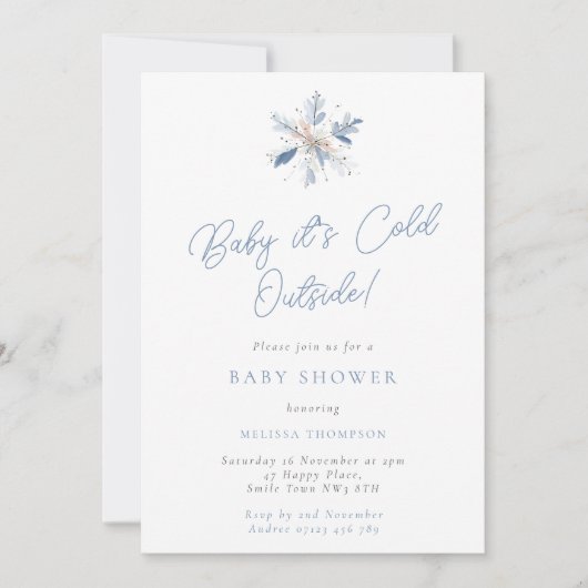 Baby It's Cold Blue & White Snowflake Baby Shower Einladung (Vorderseite)