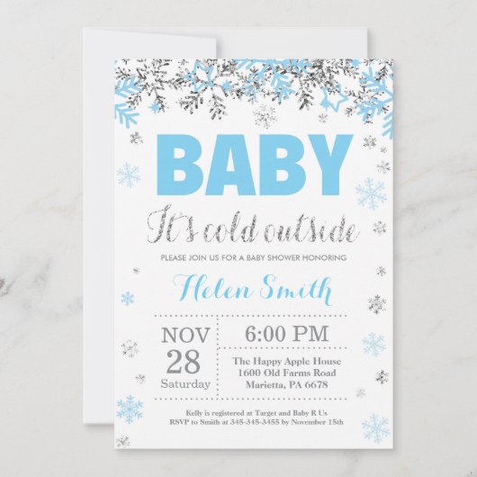 Baby its Cold Outdoor Blue Silver Boy Baby Shower Einladung (Vorderseite)
