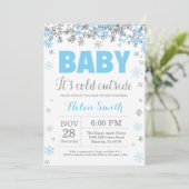 Baby its Cold Outdoor Blue Silver Boy Baby Shower Einladung (Stehend Vorderseite)