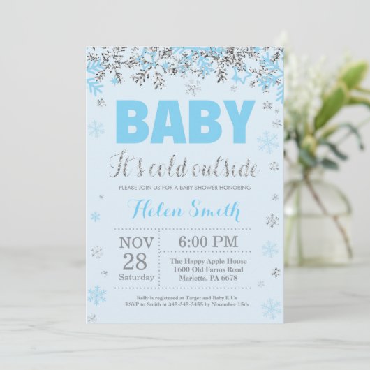 Baby its Cold Outdoor Blue Silver Boy Baby Shower Einladung (Stehend Vorderseite)
