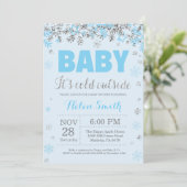Baby its Cold Outdoor Blue Silver Boy Baby Shower Einladung (Stehend Vorderseite)