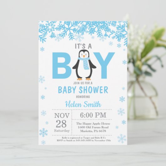 Baby its Cold Outdoor Pinguin Boy Baby Shower Einladung (Stehend Vorderseite)