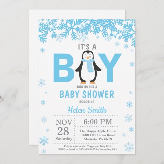 Baby its Cold Outdoor Pinguin Boy Baby Shower Einladung (Vorne/Hinten)
