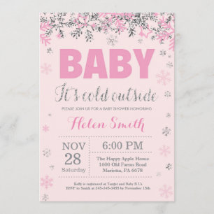 Baby its Cold Outdoor Pink Silver Girl Baby Shower Einladung