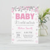 Baby its Cold Outdoor Pink Silver Girl Baby Shower Einladung (Stehend Vorderseite)