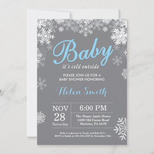 Baby its Cold Outdoor Winter Blue Boy Baby Shower Einladung (Vorderseite)