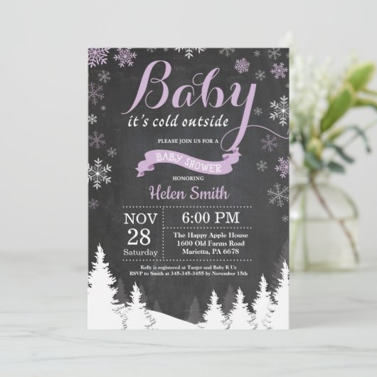 Baby its Cold Outdoor Winter Lila Baby Shower Einladung (Stehend Vorderseite)