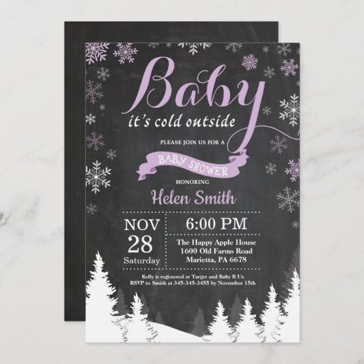 Baby its Cold Outdoor Winter Lila Baby Shower Einladung (Vorne/Hinten)