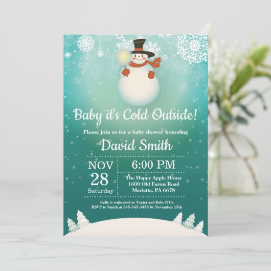 Baby its Cold Outdoor Winter Snowman Baby Shower Einladung (Stehend Vorderseite)