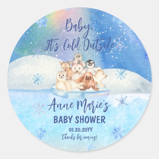 Baby It's Cold Outside Arctic Animals Baby Shower Runder Aufkleber (Vorderseite)