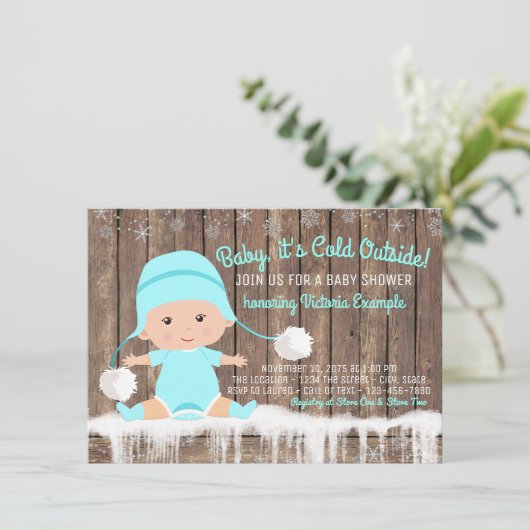 Baby its Cold Outside Baby Dusche Aquamarin Blue Einladung (Stehend Vorderseite)