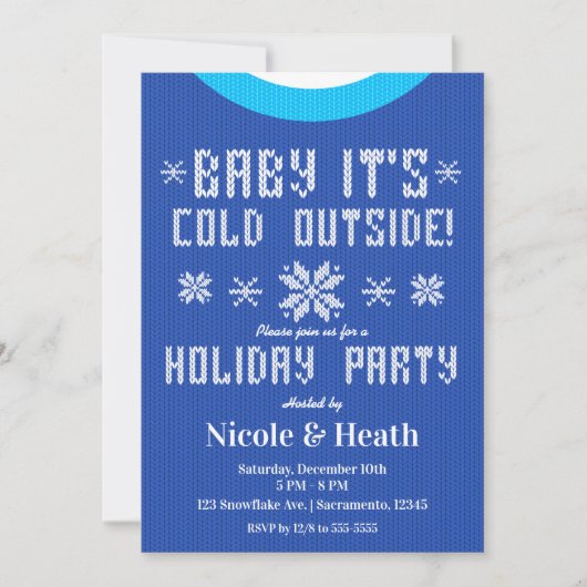 Baby It's Cold Outside Blauer Pullover Weihnachtsf Einladung (Vorderseite)