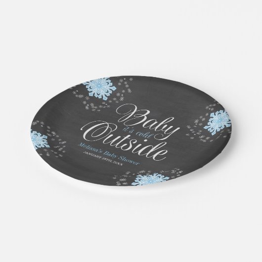 Baby It's Cold Outside Blue Snowflakes Baby Dusche Pappteller (Schrägansicht)
