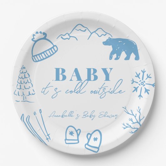 Baby It's Cold Outside Hand-drawn Blue Baby Shower Pappteller (Vorderseite)