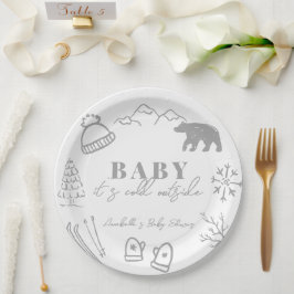 Baby It's Cold Outside Hand-drawn Gray Baby Shower Pappteller